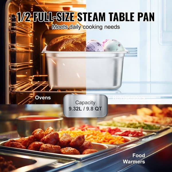 6 Pack 1/2 Størrelse Hotellpander, Dampskål, Rustfrit Stål, 6" Dybde, Kommerciel Kvalitet