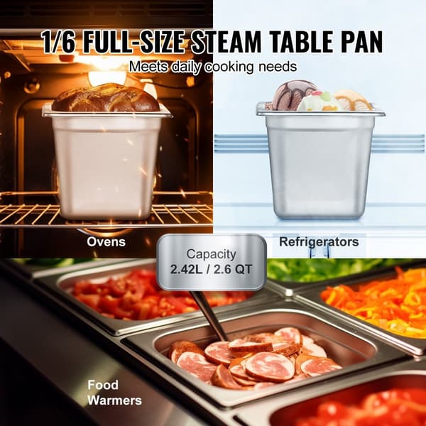 6-pack Hotellpannor 1/6 storlek, rostfritt stål, 6" djup, ångbordspanna, hållbar och praktisk