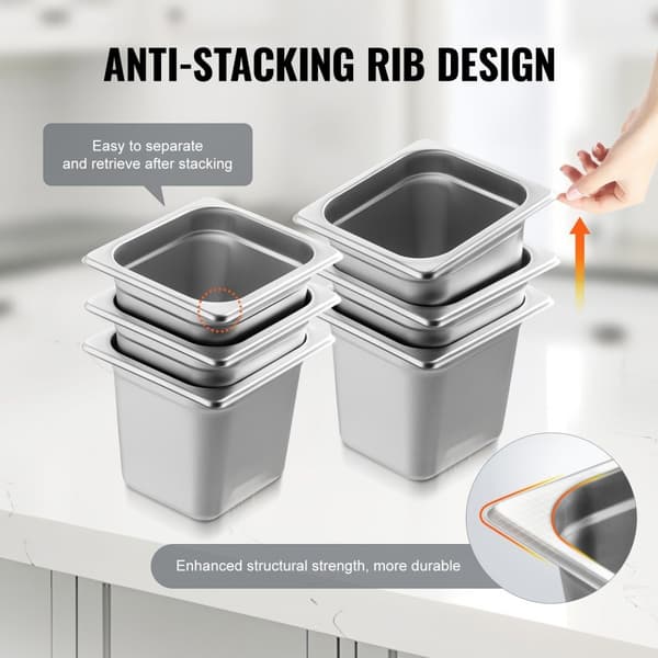 6-pack Hotellpannor 1/6 storlek, rostfritt stål, 6" djup, ångbordspanna, hållbar och praktisk