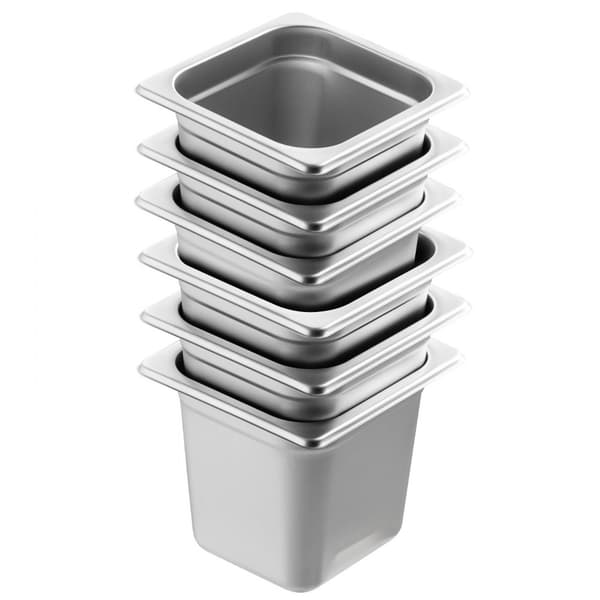 6-pack Hotellpannor 1/6 storlek, rostfritt stål, 6" djup, ångbordspanna, hållbar och praktisk