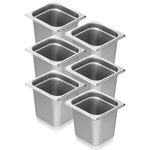 6-pack Hotellpannor 1/6 storlek, rostfritt stål, 6" djup, ångbordspanna, hållbar och praktisk