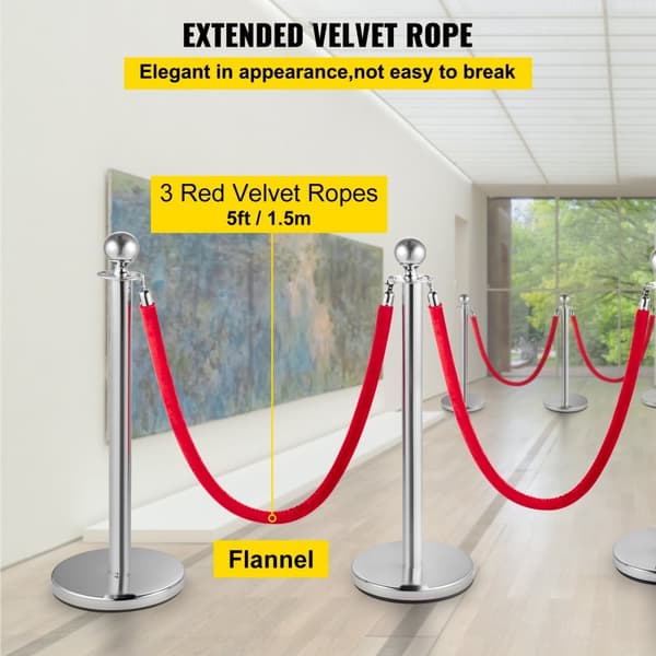 6 STK Rød Reb Standsølvpost Kø kontrol Barriere, robuste, nem at justere, perfekt til arrangementer
