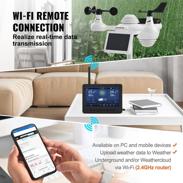 7-i-1 Wi-Fi Vejrstation, TFT Display, Trådløs Udendørs Sensor, Nøjagtige Målinger, Smart Hjem Integration