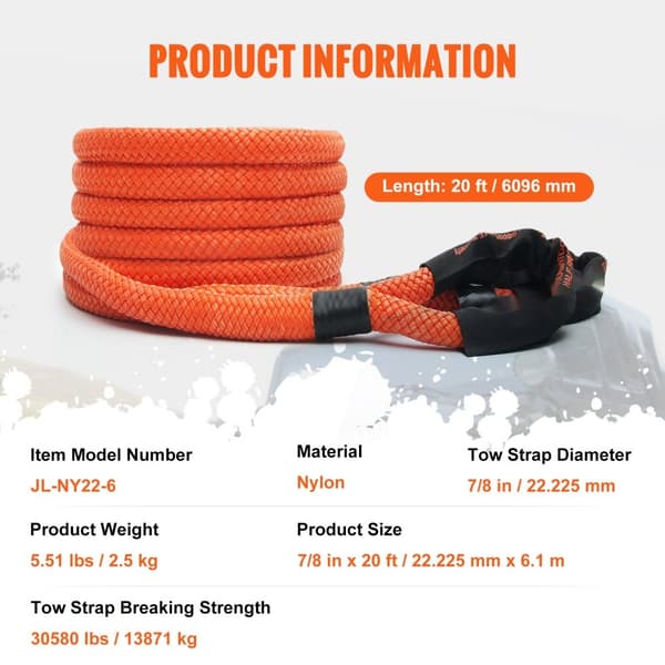Kinetisk återhämtningsbogserrep 7/8" x 20", 30 580 lbs, kraftig off-road snatch strap, extremt hållbar 30% elastisk energistropp för Jeep