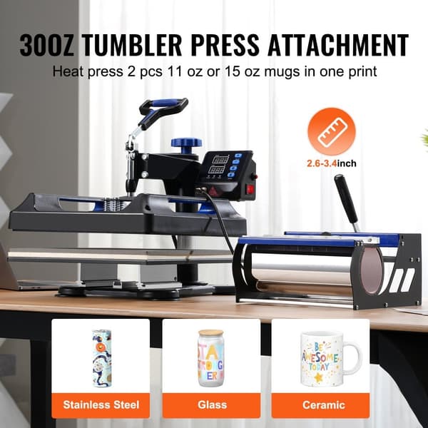 Värmepress 8-i-1, 15x15, 30oz Tumbler Press, T-shirts, Svart+Blå, snabb uppvärmning, digital temperaturkontroll