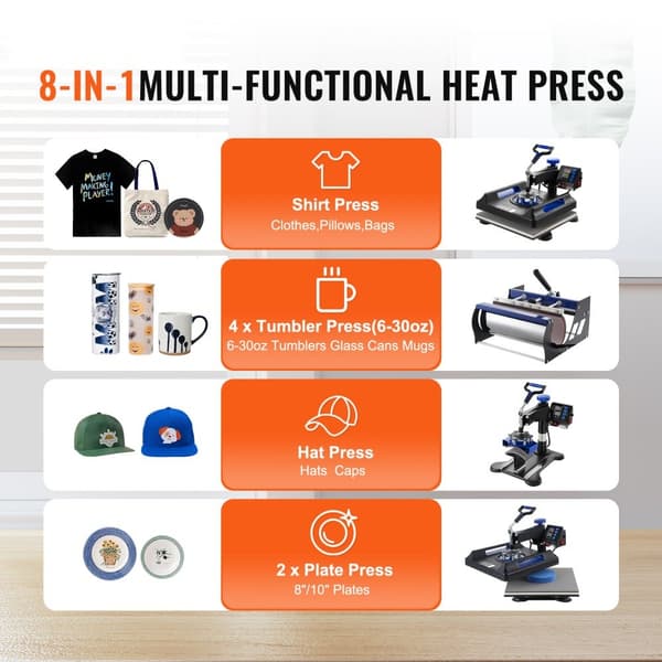 Värmepress 8-i-1, 15x15, 30oz Tumbler Press, T-shirts, Svart+Blå, snabb uppvärmning, digital temperaturkontroll