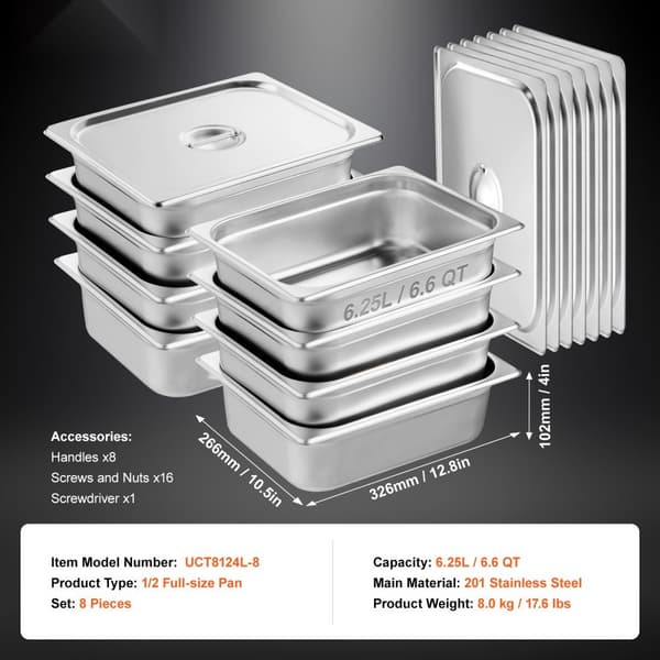 8-pack 1/2 storlek Hotellpannor i rostfritt stål, Ångbordspanna med 4" djupt lock, hållbar och praktisk