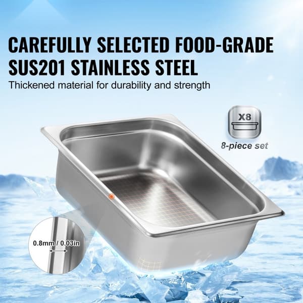 8-pack 1/2 storlek Hotellpannor i rostfritt stål, Ångbordspanna med 4" djupt lock, hållbar och praktisk