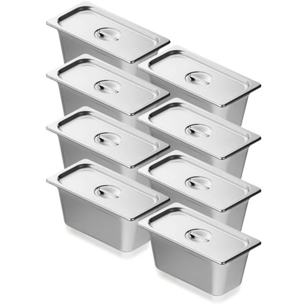 8-pack Hotellpannor 1/3 storlek, Ångbordspanna i rostfritt stål, 6" djup, med lock, idealisk för matlagning