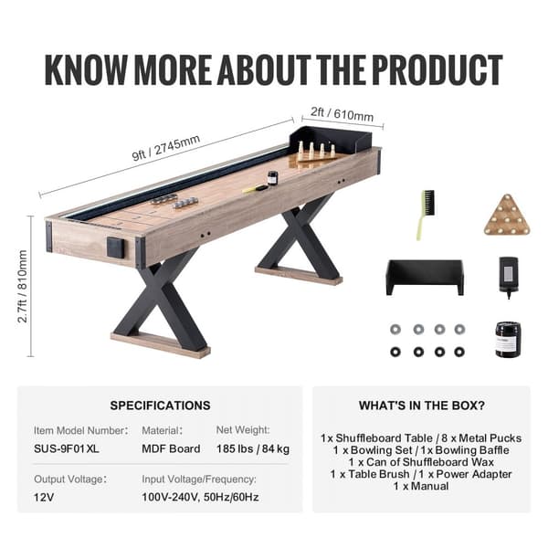 LED Shuffleboard Taulukko 9 ft, 2-in-1 Shuffleboard ja Bowling Combo -pelisetti, erinomainen viihde ja kestävä rakenne