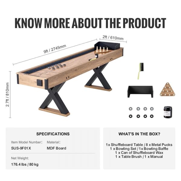 Shuffleboard Bord 2 i 1 - 9 Fod Shuffleboard og Bowling Combo Spilsæt, Holdbart Design, Underholdning til Familie og Venner