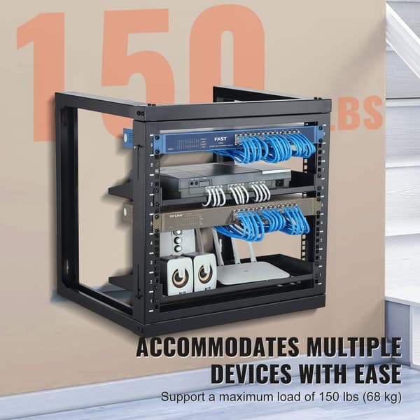 9U Vægmonteringsstativ, 150 lbs/68,04 kg, Åbent Ramme, Server Netværks Rack, Sort