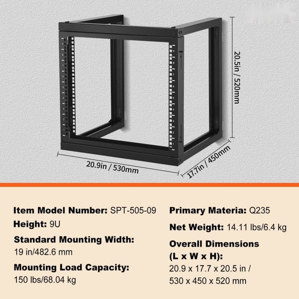 9U Vægmonteringsstativ, 150 lbs/68,04 kg, Åbent Ramme, Server Netværks Rack, Sort