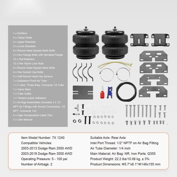 Luftfjädringskit passar 03-2013 Dodge Ram 2500, 03-2018 Dodge Ram 3500