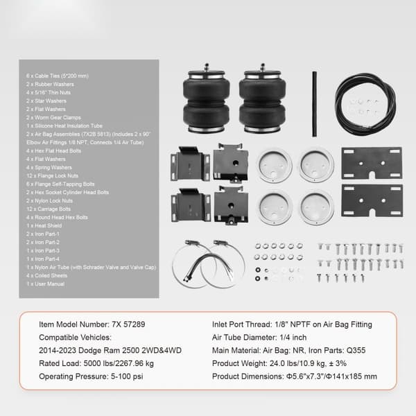 Ilmatyyny jousitussarja Dodge Ram 2500 2WD 4WD 2014-2023, 5000 lbs kantavuus