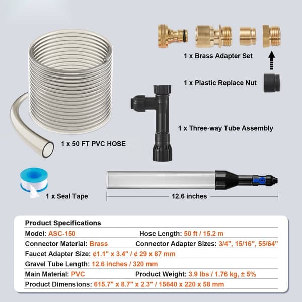 Akvariestøvsuger, 50 fod PVC-slange, sifonstøvsuger med 3 messingadaptere, effektiv grusrensning, nem at bruge