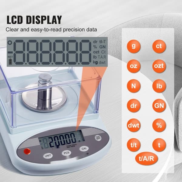 Analytisk balanserad laboratorievåg 500g x 0,001g, 13 enheter med vindruta, LCD-skärm, hög precision