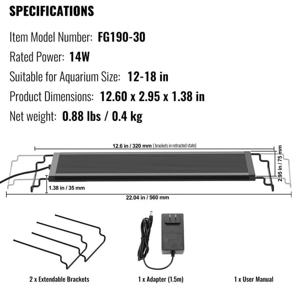 Akvaariovalo 14W Täyden Spektrin LED, 12"-18" Akvaarioille, Energiansäästö, Helppo Asentaa