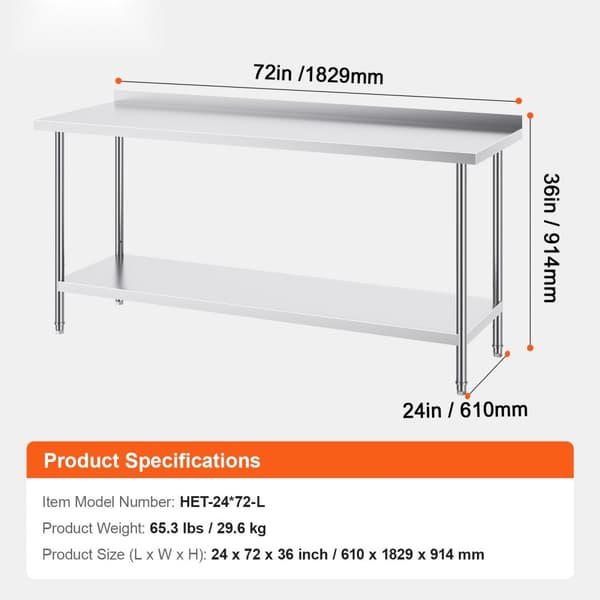 Arbejdsbord i rustfrit stål, kommercielt køkken, 24"x72", madlavning, holdbart design, let at rengøre