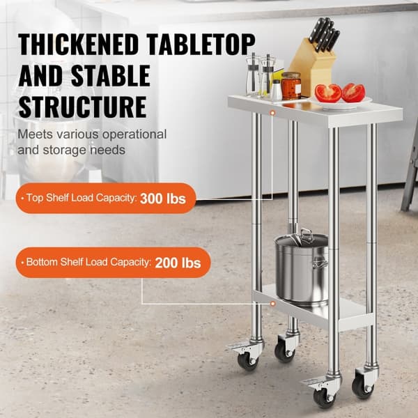 Rustfrit stål arbejdsbord, kommercielt forberedelsesbord 24x12 tommer, med 4 hjul, holdbart og praktisk