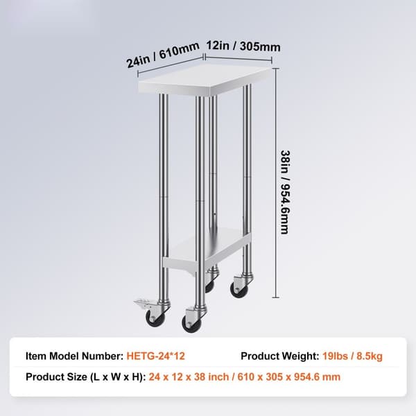 Rustfrit stål arbejdsbord, kommercielt forberedelsesbord 24x12 tommer, med 4 hjul, holdbart og praktisk