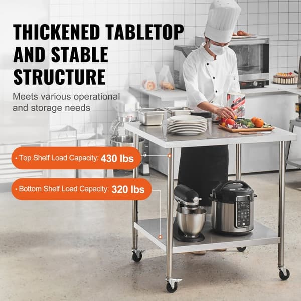 Rustfrit stål arbejdsbord 24x36 tommer, kommercielt forberedelsesbord med 4 hjul, robust design, mobil anvendelse