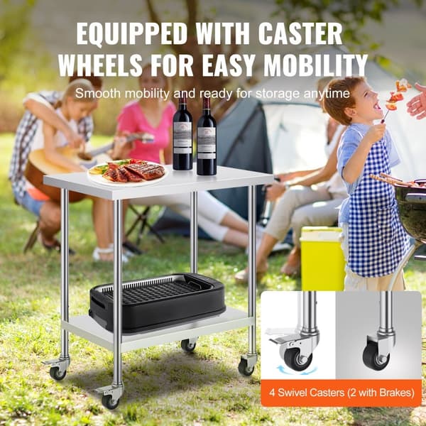 Rustfrit stål arbejdsbord 24x36 tommer, kommercielt forberedelsesbord med 4 hjul, robust design, mobil anvendelse