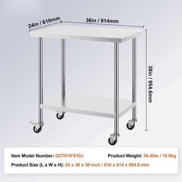 Rustfrit stål arbejdsbord 24x36 tommer, kommercielt forberedelsesbord med 4 hjul, robust design, mobil anvendelse