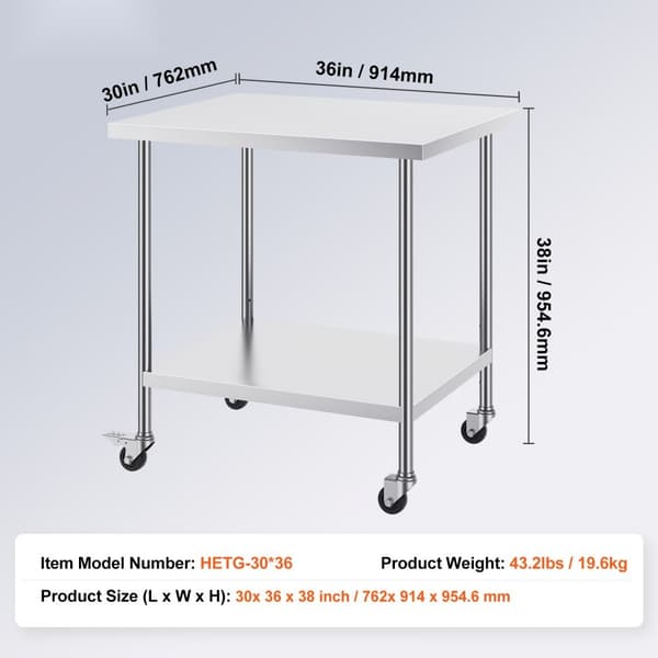Rustfrit stål arbejdsbord, kommercielt forberedelsesbord 30x36 tommer, 4 hjul, holdbart design, nem at flytte