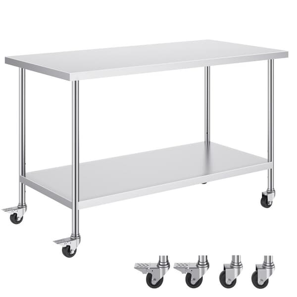 Rustfrit stål arbejdsbord, kommercielt forberedelsesbord 30x60 tommer, 4 hjul, højkvalitets køkkenbord, holdbart design, mobilitet