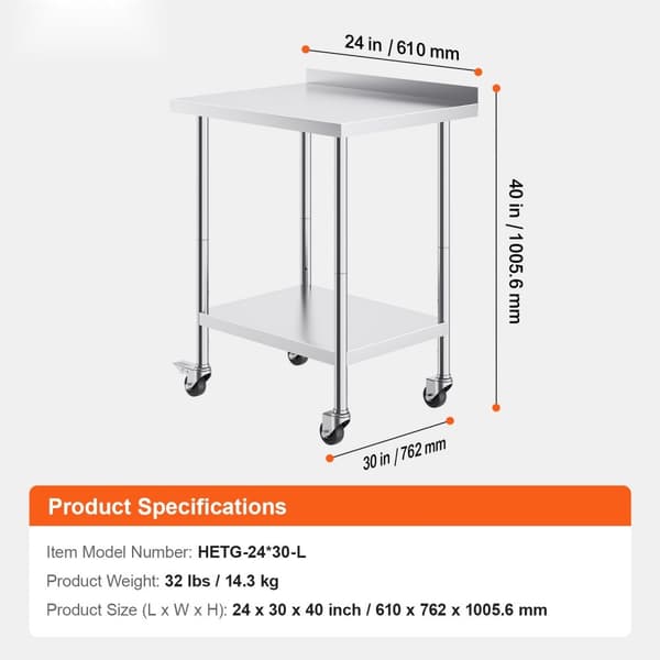 Rustfrit stål arbejdsbord, kommercielt madlavningsbord 24"x30", mobilt med hjul, holdbart design, ideelt til køkkener