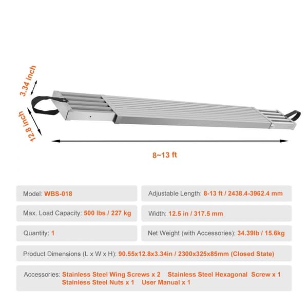 Teleskoperande arbetsplanka i aluminium 8-13 fot, 500 lb kapacitet, lätt och stabil ställningsplanka