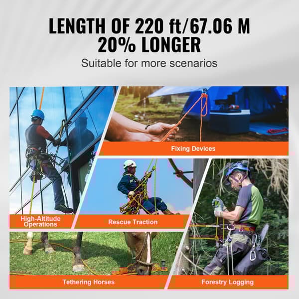 Arborist træklatrereb, dobbelt flettet polyester, 1/2" x 220", 48-streng, holdbart, stærkt, sikkerhedsniveau