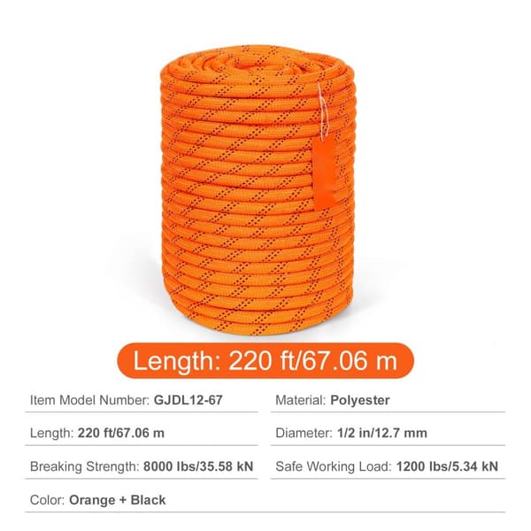 Arborist træklatrereb, dobbelt flettet polyester, 1/2" x 220", 48-streng, holdbart, stærkt, sikkerhedsniveau