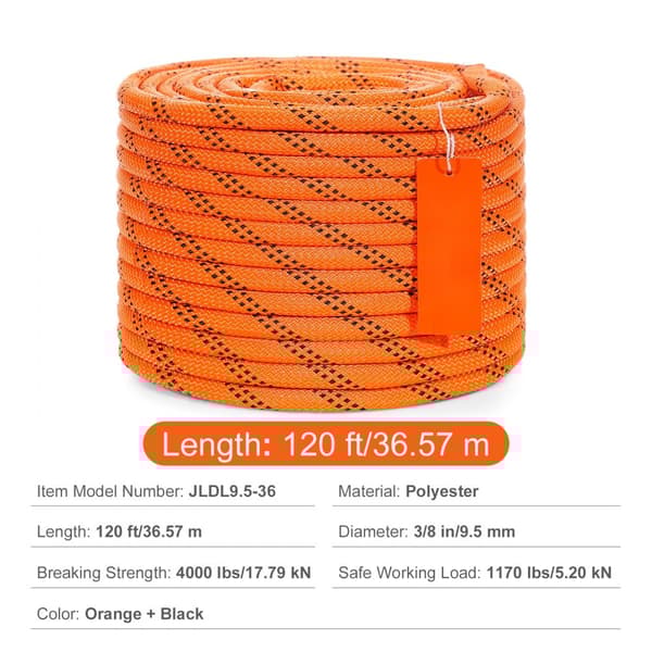 Arborist Klatretov Dobbelt Flettet Polyester 3/8" x 120" 48-Streng, Holdbart og Sikkert