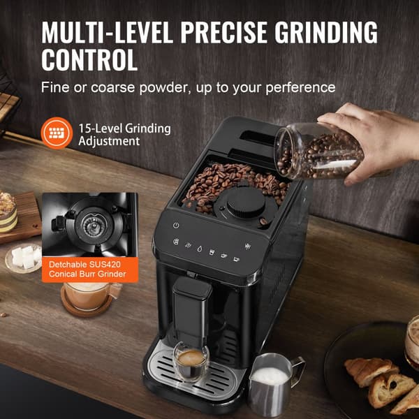 Automatisk espressomaskin 15 bar, inbyggd kvarn med 15 malnivåer, perfekt kaffebryggning