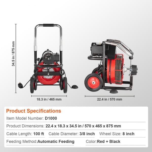 Viemärinpuhdistuskone, sähköinen tyhjennysruuvi 100FT x 3/8” automaattinen syöttö, tehokas puhdistus ratkaisu