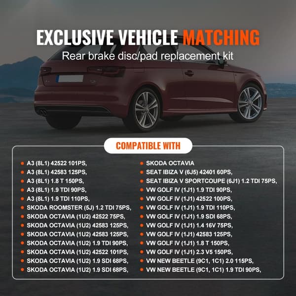 Bagbremsesæt, Bremserotorer, Bremseklodser, Udskiftningssæt til Audi A3(8L), Høj kvalitet, Let installation