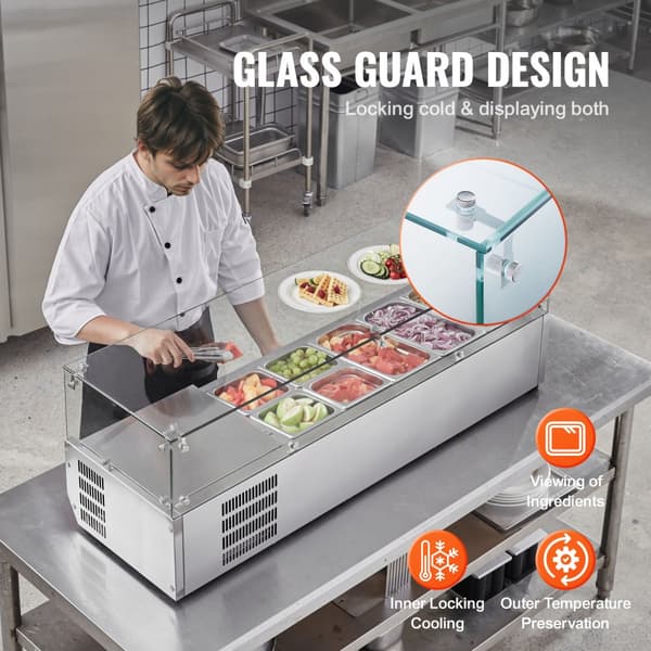 Bordplade Kølet Salat- og Pizzaforberedelsesstation 150 W, Glasbeskyttelse, CE-godkendt