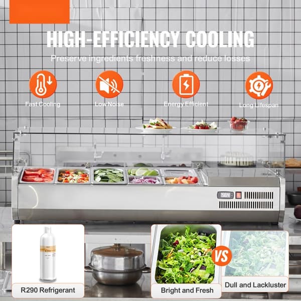 Bordplade Kølet Salat- og Pizzaforberedelsesstation 150 W, Glasbeskyttelse, CE-godkendt