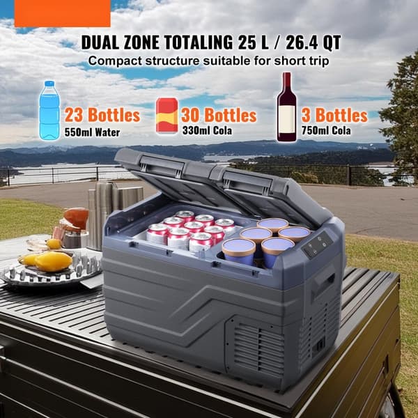 Bärbar Bil Kylskåp Frys Kompressor 25 L Dubbelzons Kylare för Bil och Camping