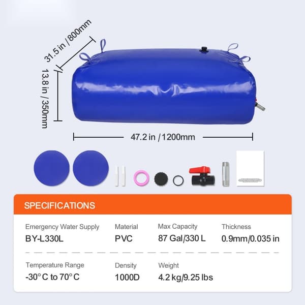 Kannettava vesisäiliö 87 Gallonaa, 1000D PVC, Kokoontaitettava Vesisäiliö, Helppo Kuljetus, Kestävä Rakennus