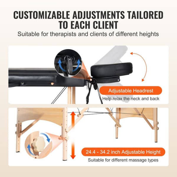 Bærbart massagebord 28" W, let sammenklappeligt design, 8-niveau højdejustering, salon tatoveringsseng med nakkestøtte, spabord