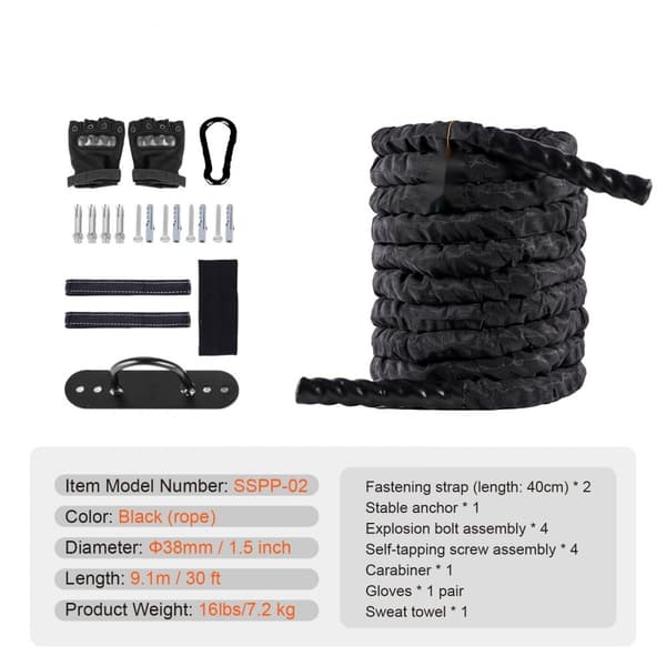 Battle Rope 1,5" 30Ft, træningsrejse til styrketræning, fitnessøvelse, holdbar kvalitet, effektiv cardio
