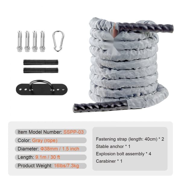 Battle Rope 1,5" 30Ft, Träningsrep för Gym, Styrketräning, Fitnessutrustning, Högkvalitativ Ropeslänkar för Effektiv Träning