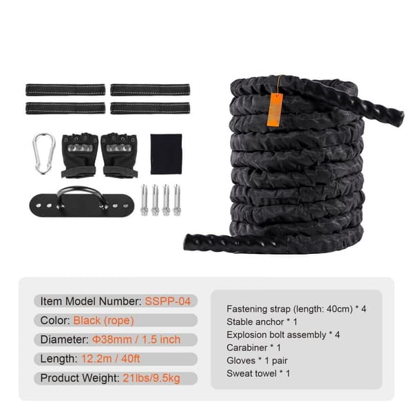 "Battle Rope 1,5" 12m Gym Träning, Styrketräning, Fitness Rep, Hög Kvalitet, Effektiv Träning"