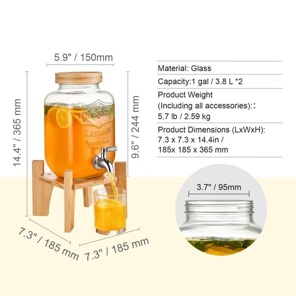 Dryckesdispenser 1 gallon, Glas Juice Dispenser med stativ, Rostfri Stålkran, Perfekt för Fester, Is Te Lemonad Juice Vatten