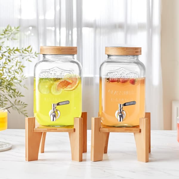 Dryckesdispenser 1 gallon, Glas Juice Dispenser med stativ, Rostfri Stålkran, Perfekt för Fester, Is Te Lemonad Juice Vatten