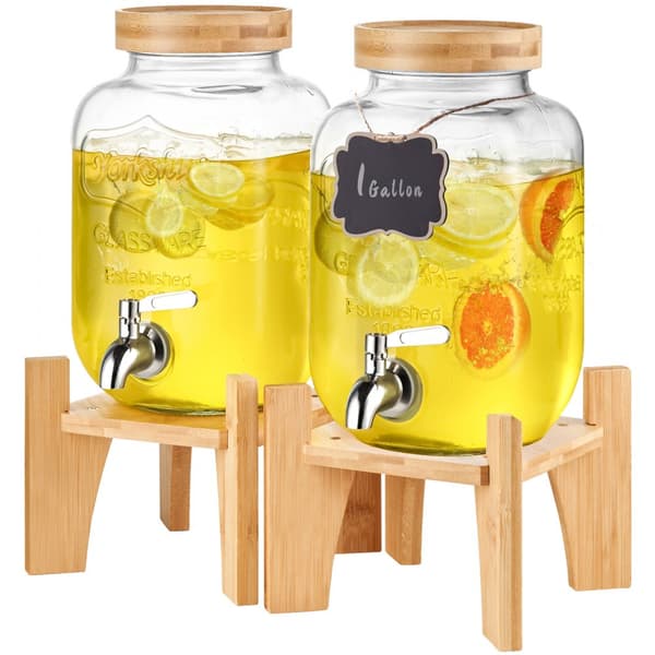 Dryckesdispenser 1 gallon, Glas Juice Dispenser med stativ, Rostfri Stålkran, Perfekt för Fester, Is Te Lemonad Juice Vatten