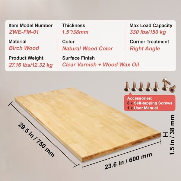 Bordplade i massivt ahorntræ, rektangulær 29,5" x 23,6" x 1,5", slidstærk og elegant design